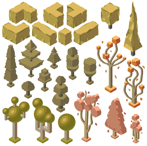 Vektor 3d isometrische Herbstpflanzen, Bäume, Sträucher - Vektor, Bild