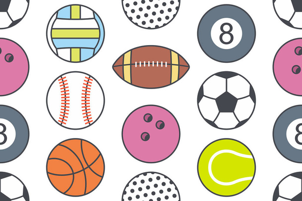 Seamless pattern with collection of Sports Balls. line style. isolated on white background - Vector, Image