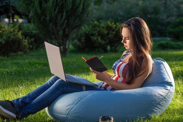 Schattig meisje met laptop, zitten op de poef in tuin of park, op gras. Moderne levensstijl concept - Foto, afbeelding