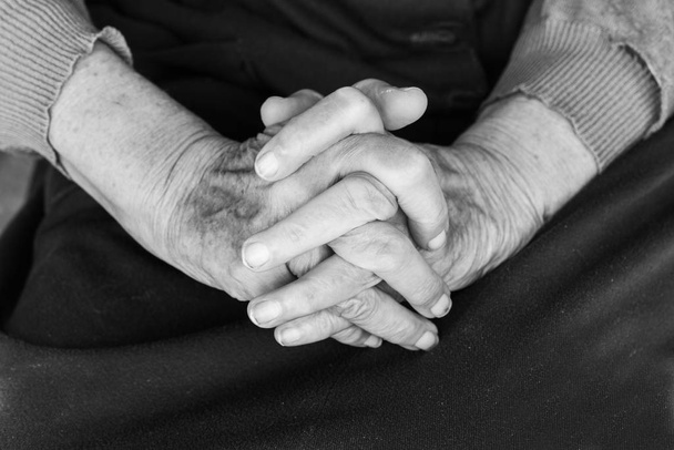 Hands of an old woman on her lap - black and white, selective focus - Photo, Image