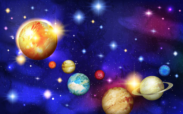 Сонячна система з сонця, Меркурія і Венери, землі і Марс, Юпітера і Сатурна, Урана і Нептуна в просторі - Вектор, зображення