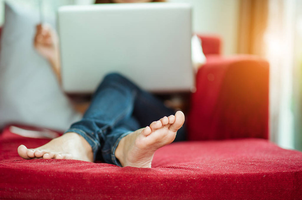 Woman Relaxing On Sofa At Home Using Laptop.copy space, - Φωτογραφία, εικόνα