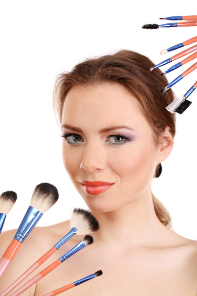 portrait of beautiful woman with make-up brushes, isolated on white - Φωτογραφία, εικόνα
