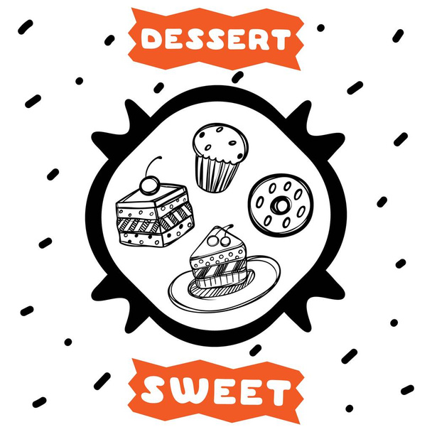 Bonito póster dibujado a mano para café con pasteles estilo boceto, magdalenas y rosquillas. Dibujos animados ilustración
. - Vector, Imagen