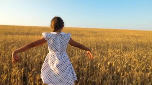 Szczęśliwa dziewczyna taniec w dziedzinie dojrzałej pszenicy przeciw błękitne niebo, w zwolnionym tempie - Materiał filmowy, wideo