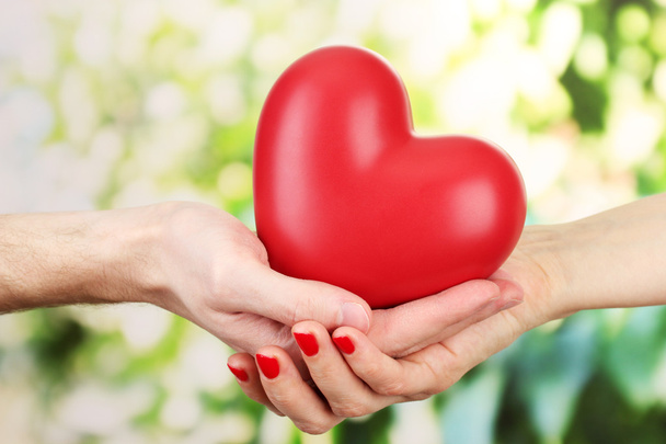 Corazón rojo en manos de hombre y mujer, sobre fondo verde
 - Foto, imagen