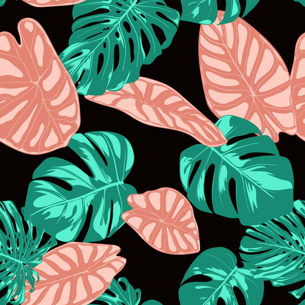 熱帯パターン。手でシームレスな背景には、モンステラやクワズイモの葉が描かれています。テキスタイル、ファブリックのエキゾチックな親密な関係。熱帯植物とシームレスなパターンをベクトルします。ジャングルの葉。水彩風. - ベクター画像