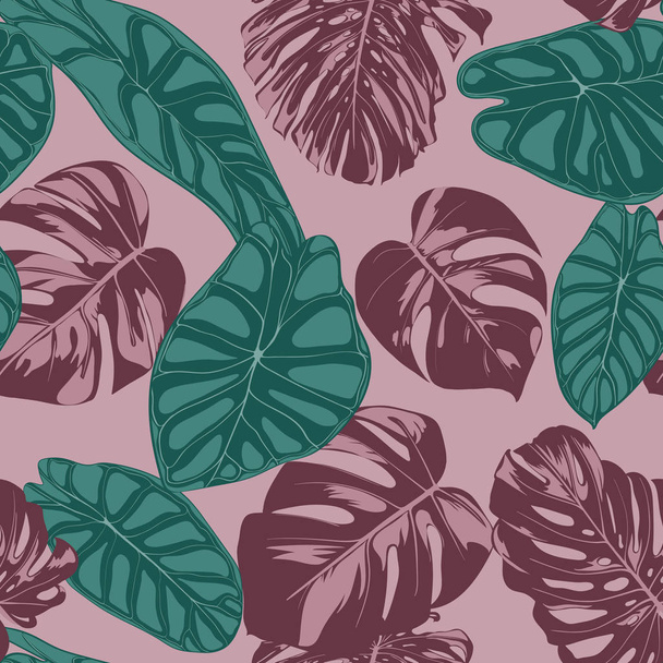 ベクトル熱帯シームレス パターン。フィロデンドロンやクワズイモの葉。手は、水彩風のジャングルの葉を描いた。エキゾチックな背景。紙の繊維、布、生地、装飾、シームレスな熱帯の葉. - ベクター画像