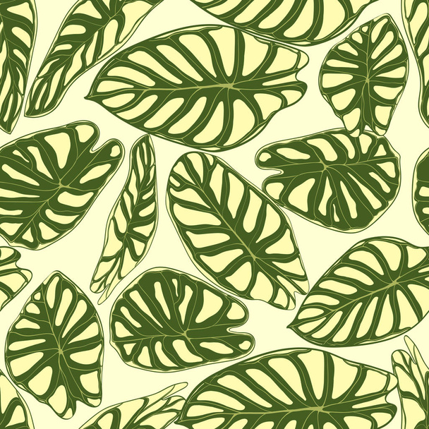 Varrat nélküli trópusi mintát. Trendi háttér eső erdei növények. Vektor levél Alocasia. Kontyvirágfélék. Kézírásos dzsungel lombozat akvarell stílusú. Varrat nélküli egzotikus mintát textil, szövet. - Vektor, kép