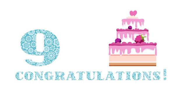 Anniversary greetings, 9 years old, berry cake, English, white, blue, vector. Happy anniversary. Big berry cake and number 9 on white background. The inscription in English " congratulations!" The boy's birthday. Color card.  - Vector, Image