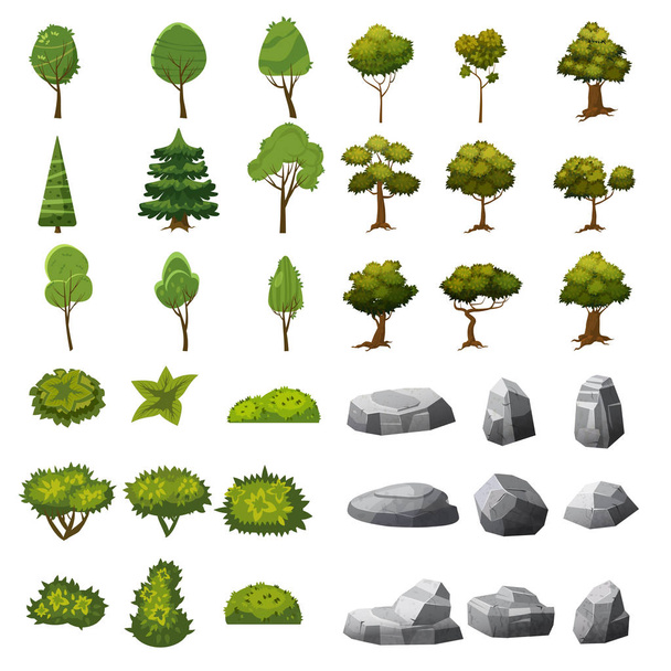 Un conjunto de piedras, árboles y arbustos de elementos paisajísticos para el diseño del jardín, parque, juegos y aplicaciones. Gráficos vectoriales, estilo de dibujos animados, aislado
 - Vector, imagen