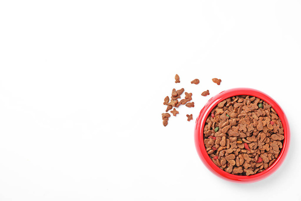 Bowl of dry pet food on white background, top view - Fotó, kép