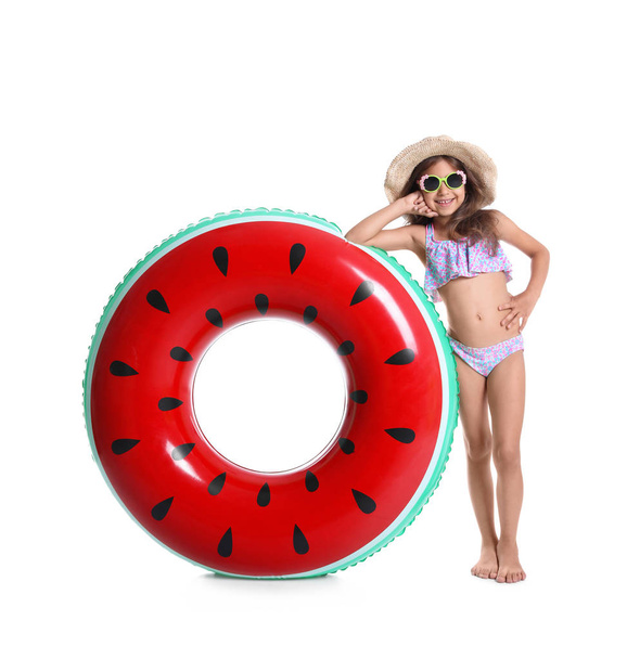 Cute little girl with inflatable ring on white background - Foto, Imagem