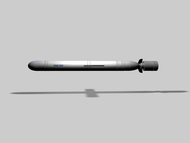Cruise Missile im Flug auf grauem Hintergrund, 3D-Rendering - Foto, Bild