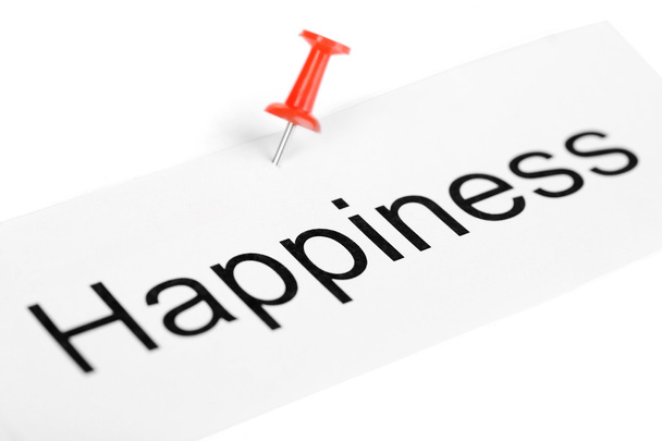 Push pin on paper with word happiness written on it isolated on white - Φωτογραφία, εικόνα