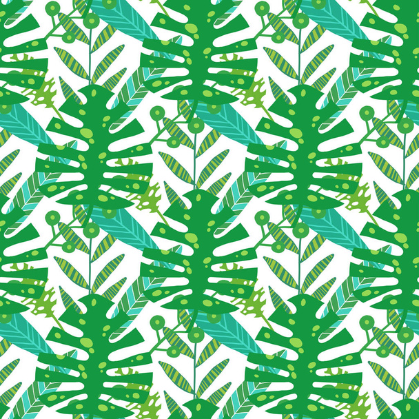 Nature seamless pattern. Hand drawn abstract tropical summer background palm, monstera leaves in silhouette, line art, grunge, scribble textures. Vector tropic illustration in natural green colors. - Vector, Imagen
