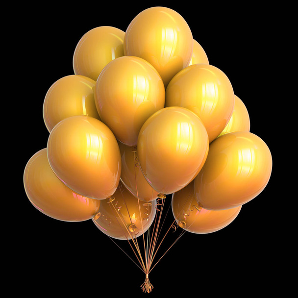 party balloons bunch yellow birthday decoration. holiday event, anniversary celebration, festival symbol. 3d illustration. isolated on black - Φωτογραφία, εικόνα