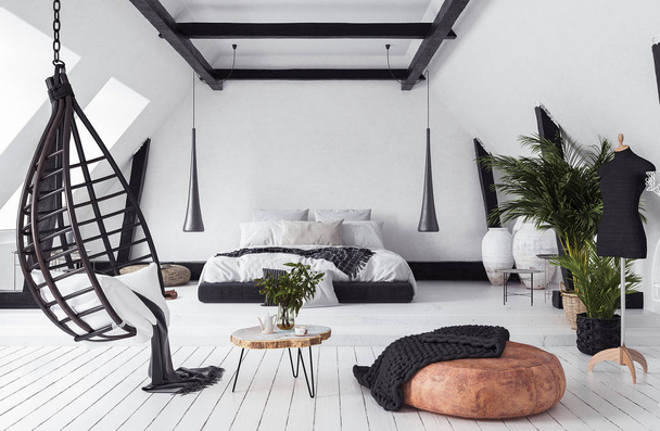 Modern open-plan apartment in attic, loft style, 3d render - Photo, Image