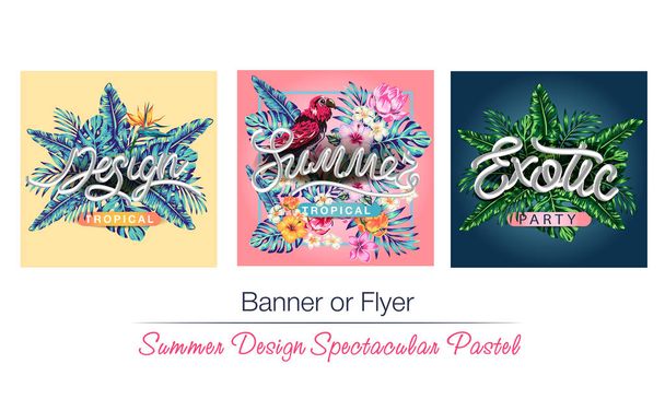 flores tropicales y palmeras banner de verano fondo gráfico exótico volante invitación floral, espectacular pastel
 - Vector, imagen