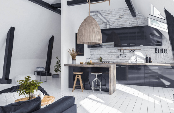 Moderno appartamento a pianta aperta in mansarda, in stile loft, rendering 3d
 - Foto, immagini