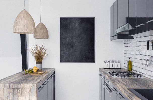 Mock up poster frame in kitchen interior, Scandi-boho style, 3d render - Φωτογραφία, εικόνα