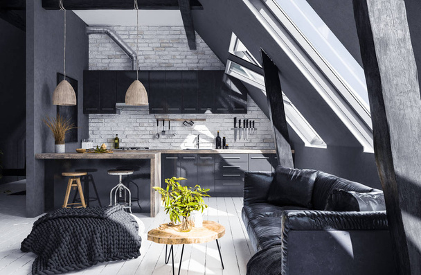 Moderno appartamento a pianta aperta in mansarda, in stile loft, rendering 3d
 - Foto, immagini