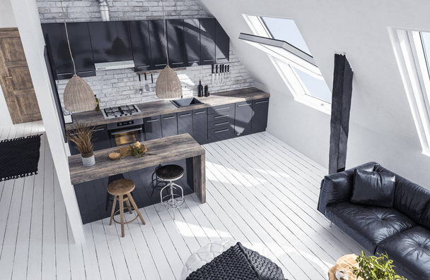 Modern open-plan apartment in attic, loft style, 3d render - Photo, Image