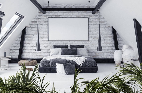 Modern egyterű lakás, padlás, tetőtér-stílusú, 3d render - Fotó, kép