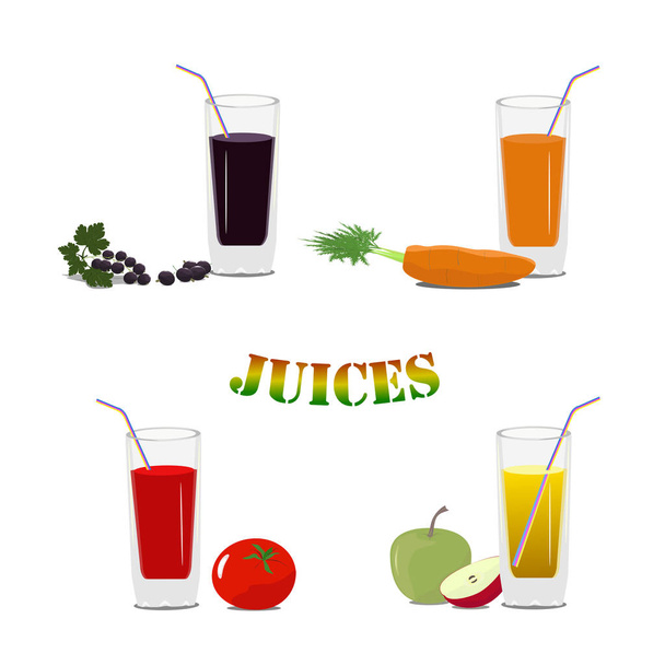 Σετ ποτήρια με χυμό και φρούτα. Εικονογράφηση διάνυσμα - Διάνυσμα, εικόνα