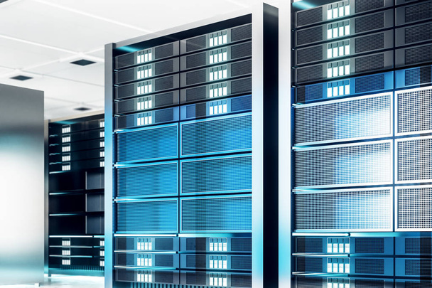 Shiny server room background. Technology and hardware concept. 3D Rendering  - Photo, Image