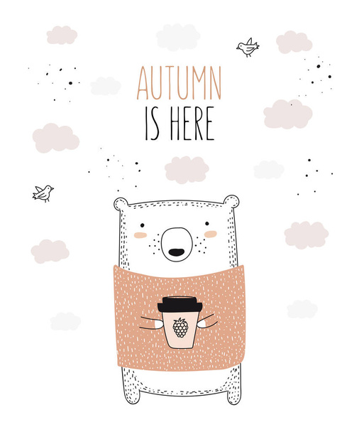 Vector line drawing bear in sweater with slogan about autumn. Doodle illustration. Thanksgiving day, Valentine's, anniversary, baby shower, birthday, children's party, autumn holidays - Vector, imagen