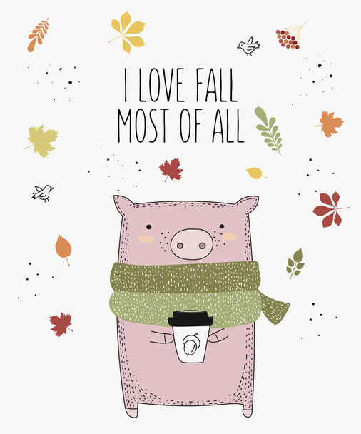 Vector line drawing pig in a scarf with slogan about autumn. Doodle illustration. Thanksgiving day, Valentine's, anniversary, baby shower, birthday, children's party, autumn holidays - Vetor, Imagem