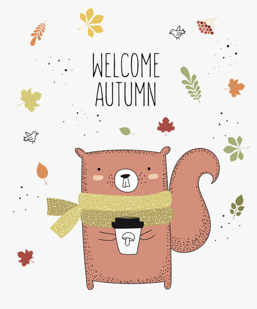 Vector line drawing squirrel in a scarf with slogan about autumn. Doodle illustration. Thanksgiving day, Valentine's, anniversary, baby shower, birthday, children's party, autumn holidays - Vector, imagen