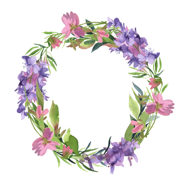Watercolor illustration. green leaves wreath of green branch with pink and purple wildflower isolate on white background, Round frame of simple leaves - Fotografie, Obrázek