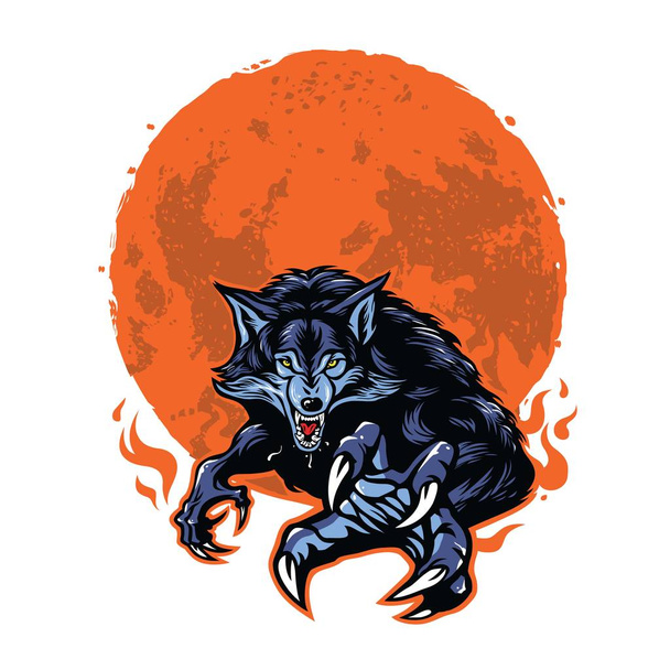 怒っている狼と月のロゴのテンプレート ベクトル イラスト デザイン - ベクター画像