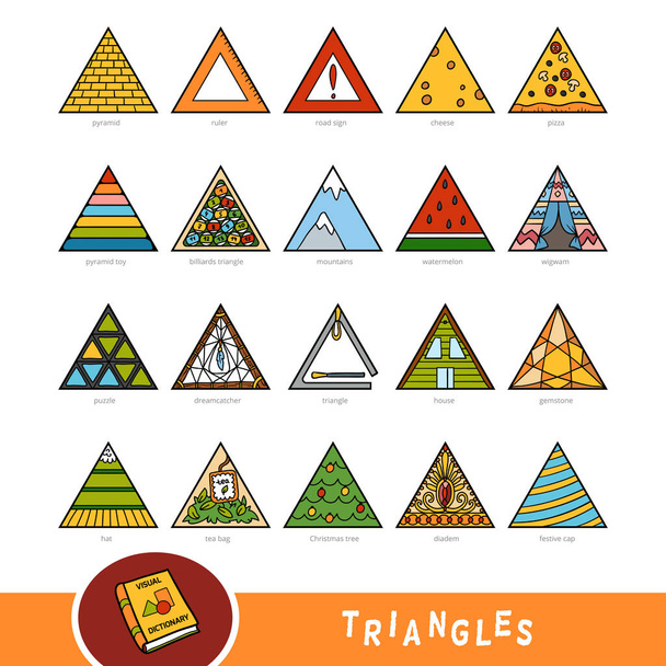 Colorful set of triangle shape objects. Visual dictionary for children about geometric shapes. Education set for studying geometry. - Vector, Image