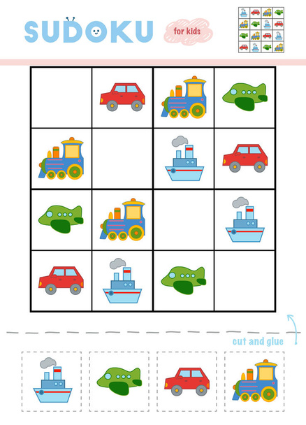 Sudoku per bambini, gioco di educazione. Serie di cartoni animati di oggetti di trasporto - Auto, Aereo, Steamship, e treno. Usa forbici e colla per riempire gli elementi mancanti
 - Vettoriali, immagini