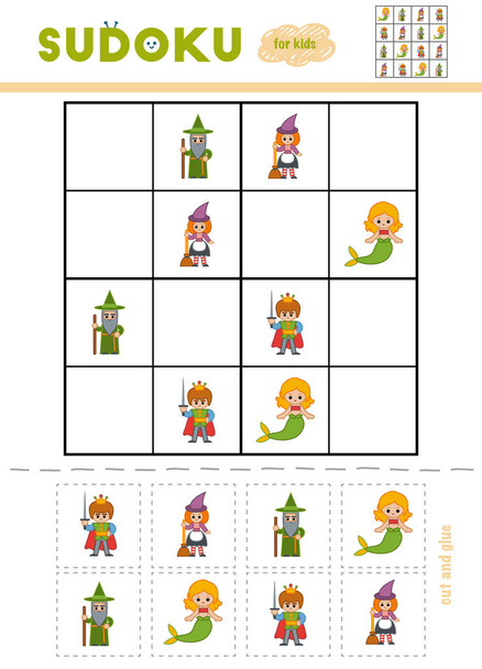 Sudoku per bambini, gioco di educazione. Personaggi dei cartoni animati Principe, Sirena, Strega e Mago. Usa forbici e colla per riempire gli elementi mancanti
 - Vettoriali, immagini