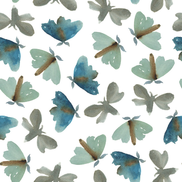 Watercolor illustration. Set of gray, blue and green moths  - Photo, image