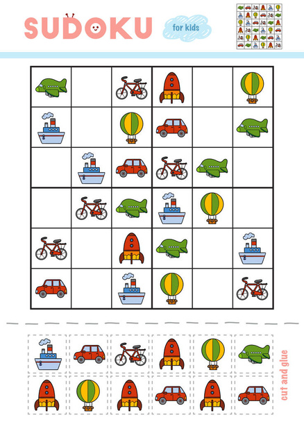 Sudoku per bambini, gioco di educazione. Oggetti di trasporto dei cartoni animati Palloncino, Astronave, Auto, Bicicletta, Vapore e Aereo. Usa forbici e colla per riempire gli elementi mancanti
 - Vettoriali, immagini