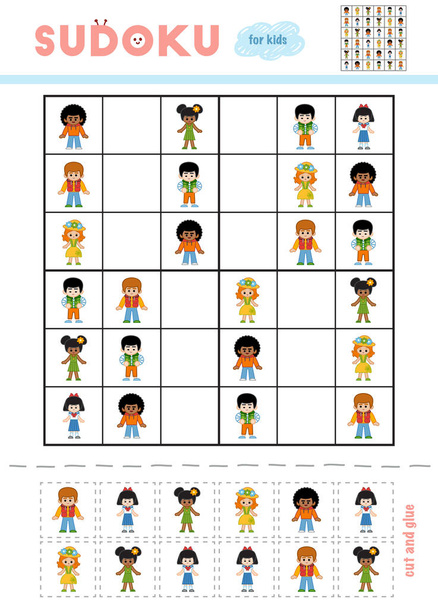 Sudoku per bambini, gioco di educazione. Personaggi dei cartoni animati ragazzi e ragazze. Usa forbici e colla per riempire gli elementi mancanti
 - Vettoriali, immagini
