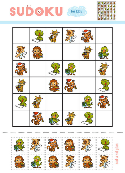 Sudoku per bambini, gioco di educazione. Set di personaggi dei cartoni animati Tigre, Giraffa, Pappagallo, Scimmia, Rana e Cane. Usa forbici e colla per riempire gli elementi mancanti
 - Vettoriali, immagini