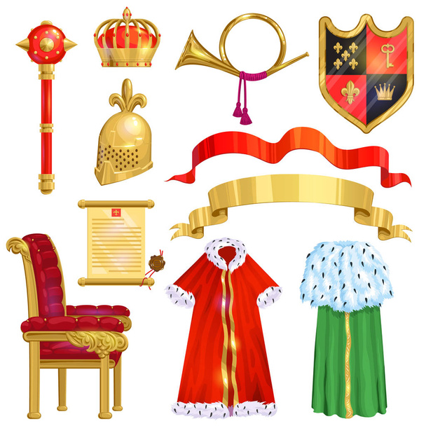 王のロイヤリティ ベクター黄金の王冠象徴クラウン jeweles、白い背景で隔離の王位の王子権限セットをクラウニングの女王と王女の図記号 - ベクター画像