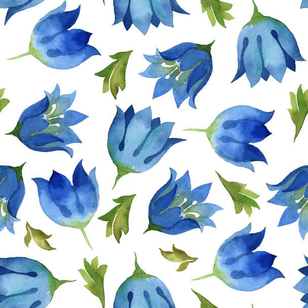 Watercolor seamless pattern of blue flower bell with green leaves isolated on white background - Foto, Bild