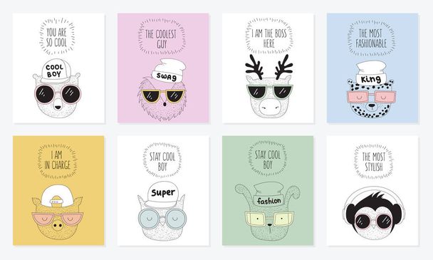 Vector collection of postcards with line drawing hipster animals with cool slogan. Doodle illustration. Friendship day, Valentine's, anniversary, birthday, children's or teenager party - Vektor, kép