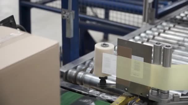 Κατασκευή από χαρτόνι γραμμή propduct μηχάνημα κάνοντας κουτιά. Κλιπ. Συσκευασμένα courier στην γραμμή παραγωγής ενάντια σε κουτιά από χαρτόνι στην αποθήκη. Κουτί από χαρτόνι γραμμή παραγωγής - Πλάνα, βίντεο