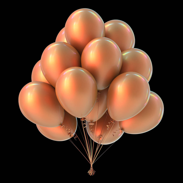 party birthday decoration balloons golden dull luster, helium balloon bunch matte orange. holiday, anniversary celebration symbol. 3d illustration. isolated on black - Φωτογραφία, εικόνα