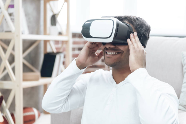 Happy Indian Young Man at Home in VR Glasses. - Φωτογραφία, εικόνα