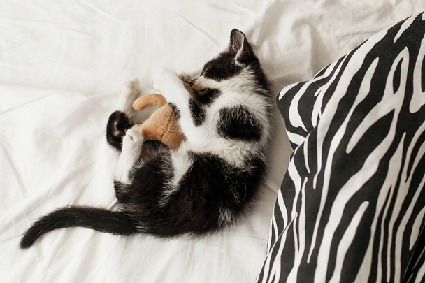 gatinho bonito brincando com pouco brinquedo de ursinho de pelúcia em lençóis brancos no quarto elegante. vista superior. adorável gatinho preto e branco com emoções engraçadas deitado no cobertor moderno
 - Foto, Imagem