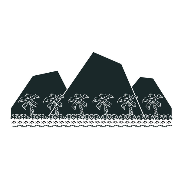Tropical volcanic island with a row of graphic palm trees, a row of fish & a row of waves. - Vector, Image